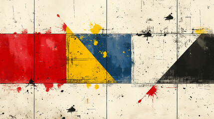 Naklejka premium Abstract flag of polyphonic prague, simple geometrical shapes, red, yellow, blue, black and white colors, simple lines, dots, splashes, grunge texture, retro poster style