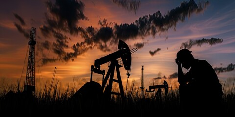 The silhouette of a tired worker sits against the background of oil pumps and the evening sky. The concept of hard work of workers.