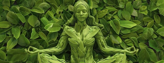 Portrait of a young woman sitting in a zen pose made of green leaves. A forest fairy tale fairy.