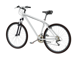 White bicycle, side back view. Black leather saddle and handles. Png clipart isolated on transparent background