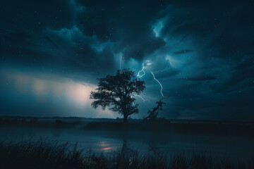 A lightning strike illuminating the silhouette of a lone tree during a stormy night.