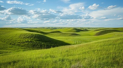 The grassy fields and rolling hills of Grasslands National Park in Val Marie, Saskatchewan, Canada, are a vibrant green.