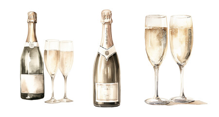 Elegant champagne bottle and glasses watercolor