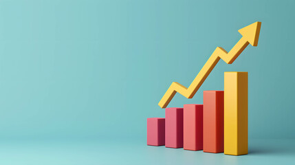 Growth bar chart and arrow upward, growth of financial and investment, copy space and minimal background, use for presentation