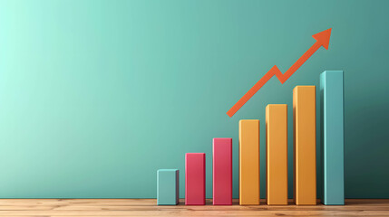 Growth bar chart and arrow upward, growth of financial and investment, copy space and minimal background, use for presentation