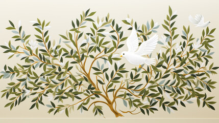 Dove carrying an olive branch in mid-flight, symbol of purity and hope.