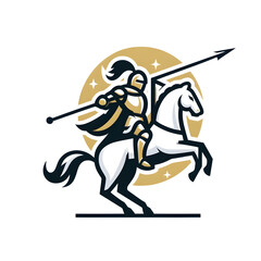An artistic logo design depicting a mounted knight with a lance, set against a circular backdrop with stars.
