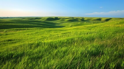 Obraz premium The grassy fields and rolling hills of Grasslands National Park in Val Marie, Saskatchewan, Canada, are a vibrant green.