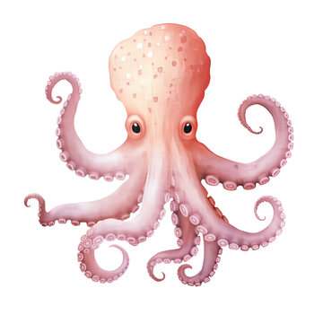 AI-Generated Watercolor Pink Octopus Clip Art Illustration. Isolated elements on a white background.