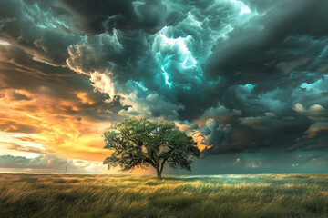 A lone tree standing tall against a backdrop of menacing storm clouds.