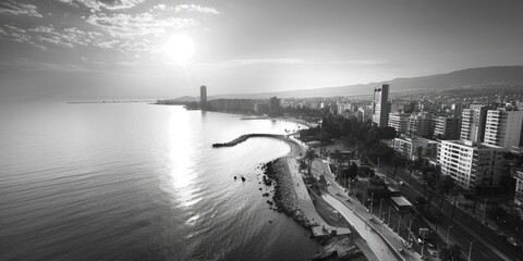 Fototapeta premium Urban landscape by the waterfront, suitable for various design projects