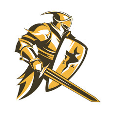 A striking vector design of a knight in golden armor, poised with a sword and shield, capturing a moment of medieval valor.
