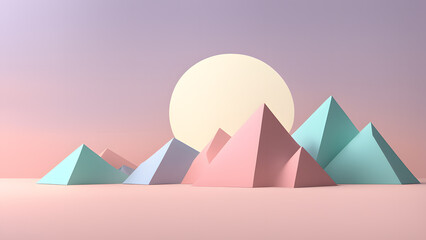 A colorful mountain range with pink, blue, and green pyramids