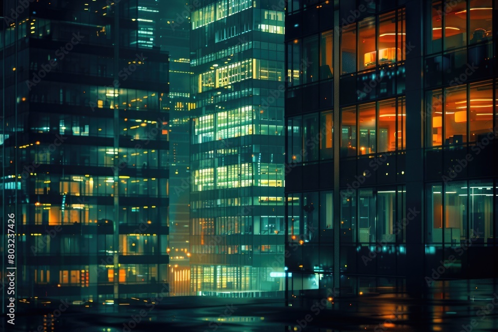 Poster a cityscape view at night from a window. suitable for urban themes