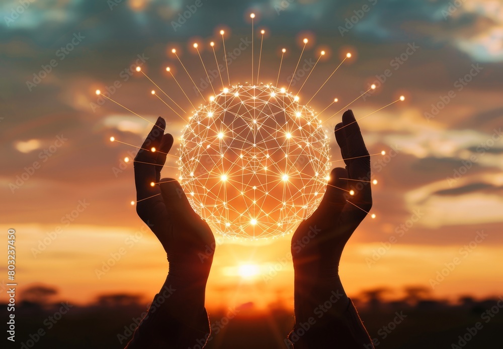 Aufkleber a silhouette of hands holding up a glowing sphere with interconnected nodes, symbolizing global conn
