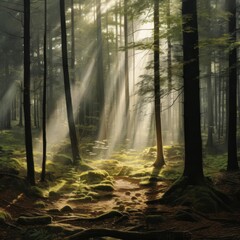The sun shines through the trees in a beautiful forest.