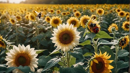 A Large Field Of Sunflowers. Day Light, Nature photography.