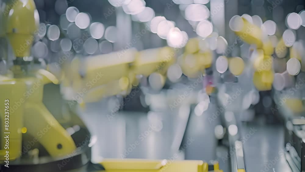 Poster robotic arms moving on conveyor belt in factory generative ai