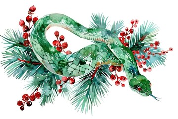 Enchanted Holiday Snake Entwined in Festive Greenery