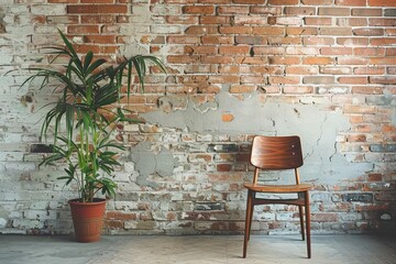 minimalist wooden chair against textured brick wall with lush potted plant interior design