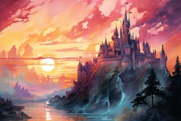 a fantasy castle on a cliff overlooking a lake