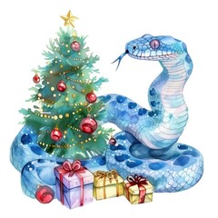 Whimsical Watercolor of Snake Celebrating Christmas with Festive Tree and Gifts