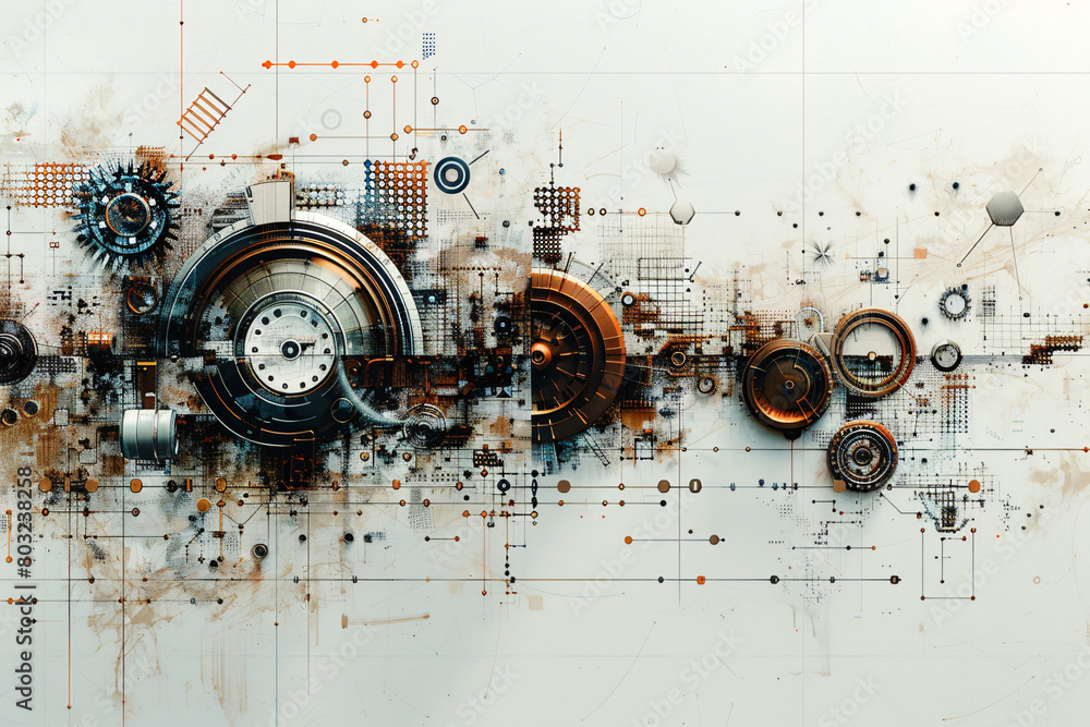 Poster steampunk-inspired digital artwork with a complex assembly of gears and mechanical parts