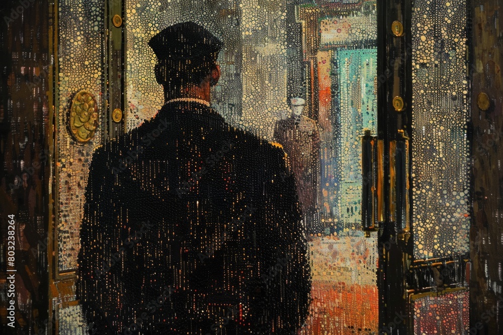 Aufkleber A man standing in front of a closed door. Suitable for various concepts and themes