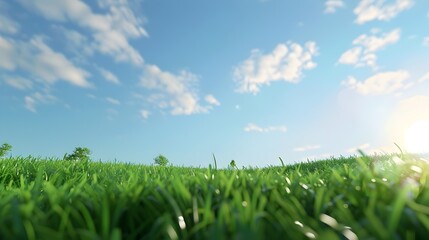 Early Morning Lush Grassland with Panoramic Blue Sky and Distant Horizon