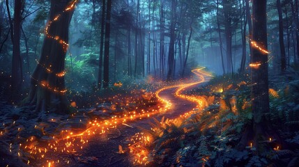 A hiking trail through a forest of glowing trees, with paths that light up underfoot