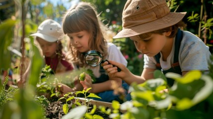 An outdoor education class where children are learning about nature, observing plants and insects with magnifying glasses