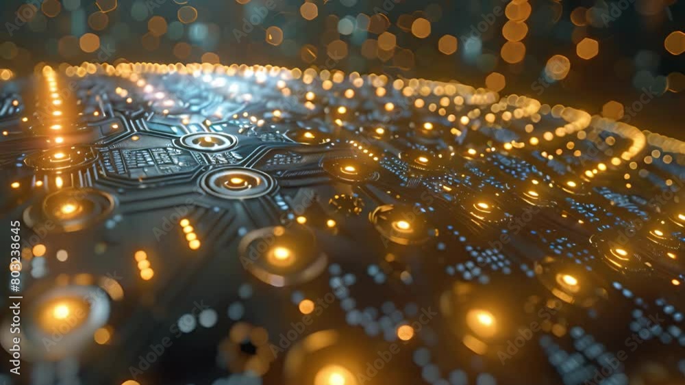 Poster Detailed view of a circuit board illuminated by multiple lights, showing intricate patterns and connections.
