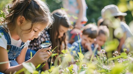 An outdoor education class where children are learning about nature, observing plants and insects with magnifying glasses