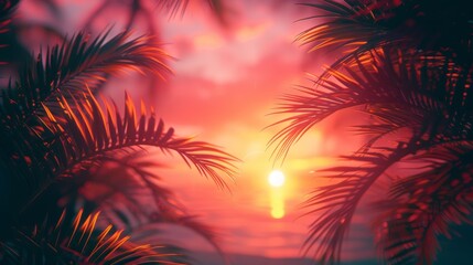 Orange sky afterglow illuminates the silhouette of palm trees on the beach, summer banner design with free copy space