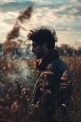 A man smoking a cigarette in an open field. Suitable for lifestyle or outdoor themes