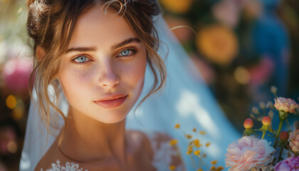 Young Bride Portrait: Close-Up Shot in Wedding Gown with Soft Lighting and Floral Accents