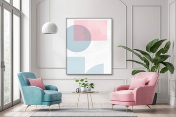Interior of a living room with two chairs and a painting on the wall. Suitable for home decor and...