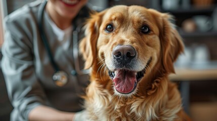 Closeup of a female human doctor with a stethoscope and white gloves holding a golden retriever dog in a clinic room - Powered by Adobe