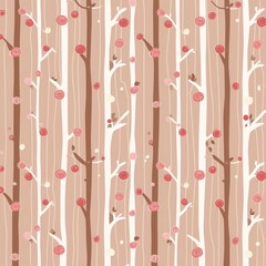 A seamless vector pattern with a whimsical forest of pink and brown trees with white branches against a beige background.