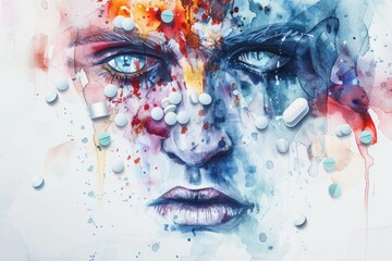 Abstract painting of a woman with pills on her face, suitable for medical or mental health concepts