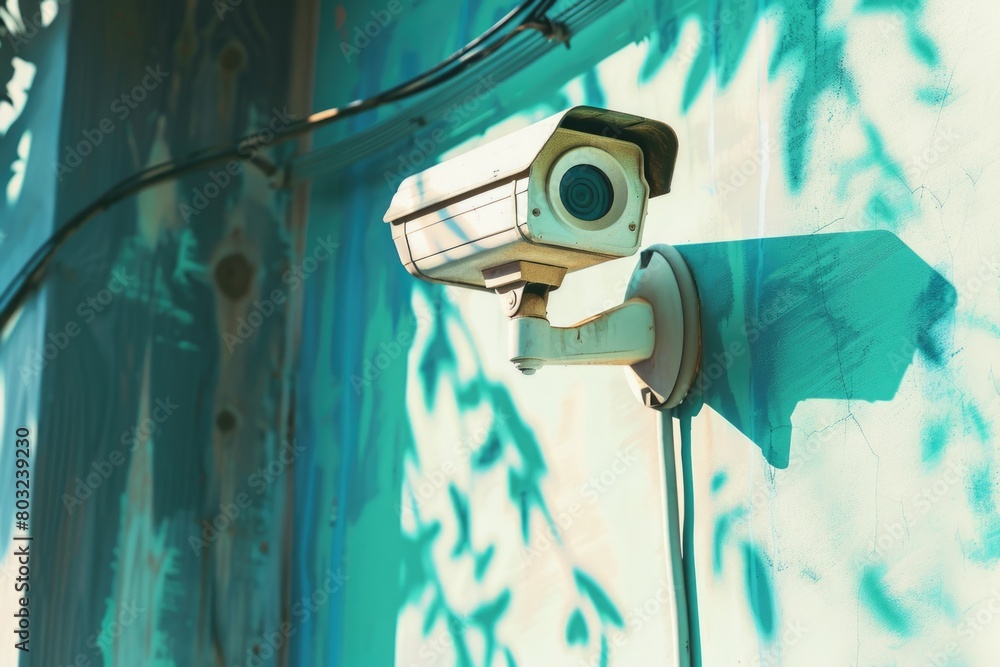Poster A security camera mounted on a building. Ideal for security and surveillance concepts