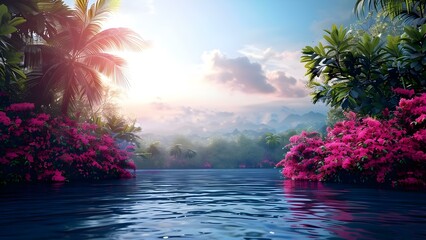 Landscape with exotic fringes and flowers. Concept Exotic Fringes, Flowers, Landscape Photography