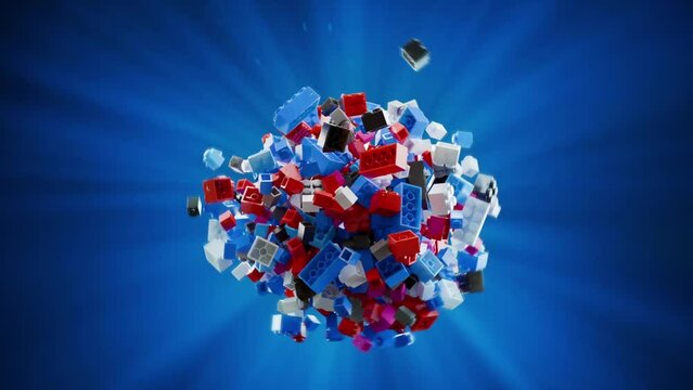 Sphere of colorful plastic toy building blocks or bricks moving around randomly making shapes. Metaphor image about children play and more serious things such business and building or chaos control. 