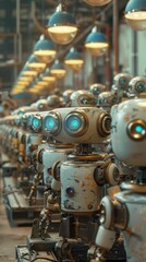 A factory where robots assemble other robots, each with unique artistic designs