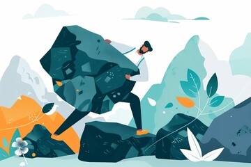 overworked businessman carrying heavy stone boulder on back struggling with burdensome tasks and responsibilities business concept illustration - obrazy, fototapety, plakaty