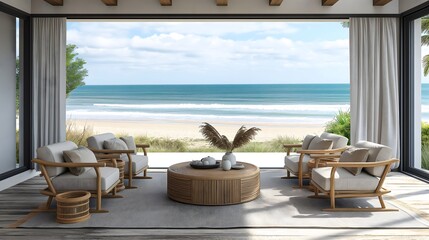 Obraz premium Beachfront patio setup with stylish outdoor furniture and ocean view