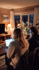 Happy couple working together on laptop at home - real life moment