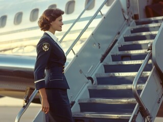 Obraz premium Professional female flight attendant standing at the airplane's steps