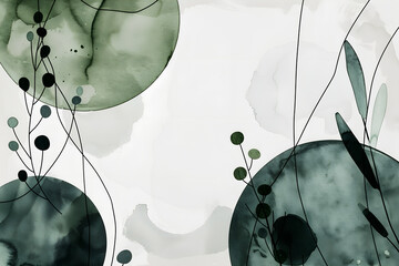 Ronds verts dans un tableau abstrait minimaliste style japandi à l'aquarelle  - obrazy, fototapety, plakaty