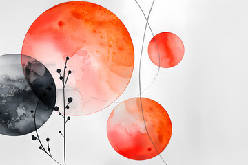 Tableau abstrait minimaliste ronds style japandi à l'aquarelle orange et noir